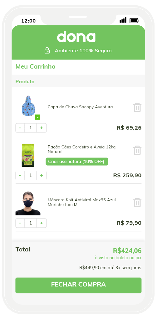 Mockup displaying the cart page on mobile.