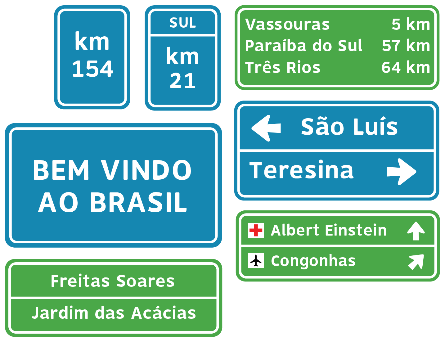 Road sign examples in multiple backgorund colours.