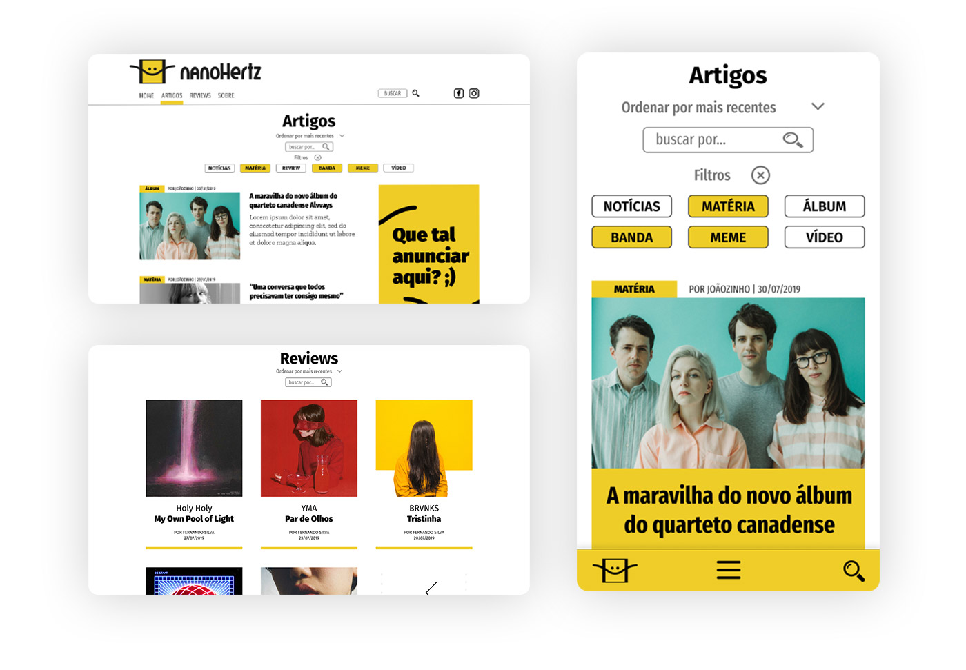 On the left side: two desktop screen mockups featuring the blog feed and album review feed. On the right side: mobile screen mockup showing the blog feed.
