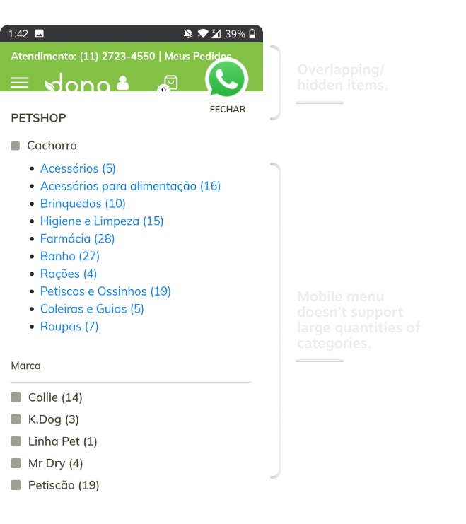 Overlapping/hidden items. Mobile menu doesn't support large quantities of categories.