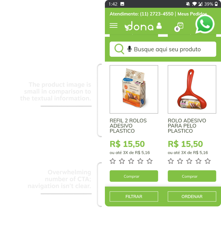 The product image is small in comparison to the textual information. Overwhelming number of CTA; navigation isn't clear.